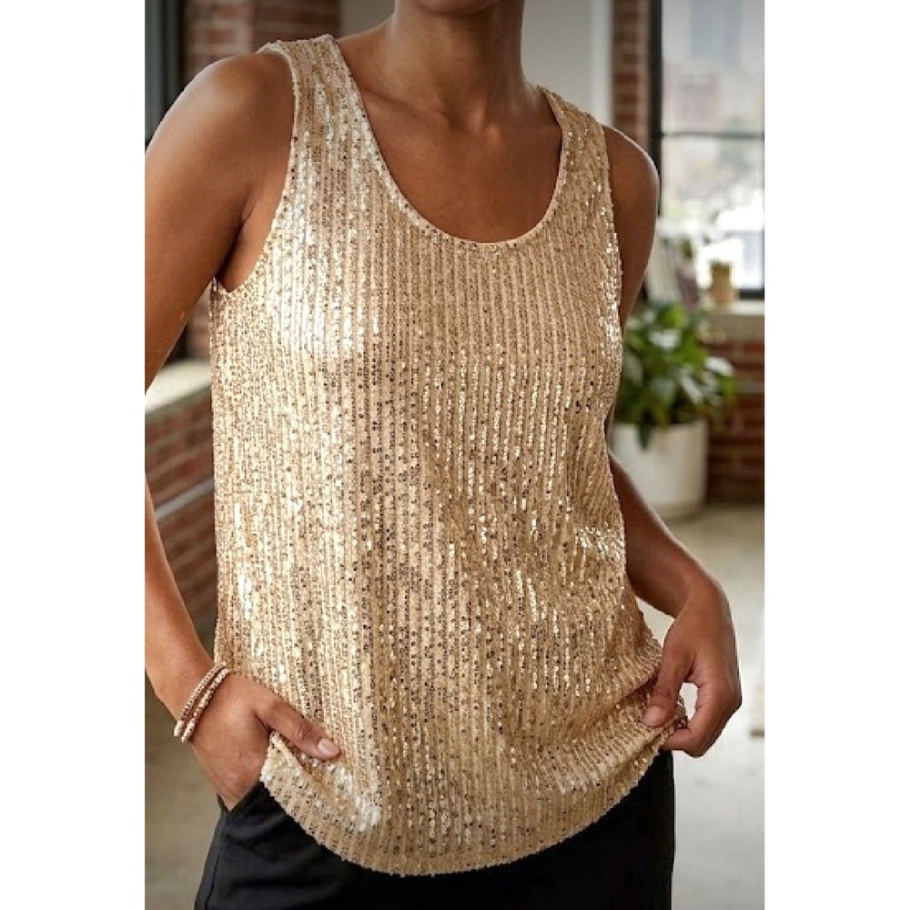 Good Days Only Sequin Scoop Neck Tank Top in Gold -PLUS 2X NWT
